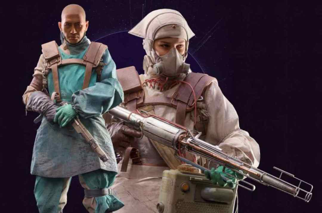The Surgeon Raider Deck cosmetics showing two Raiders in medical-themed outfits with surgical scrubs and a gas mask